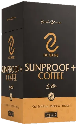 Kotak Sunproof+ Coffee rasa latte, DC Skinz, 25g x 10
