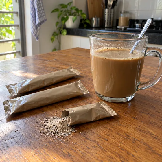 Kopi 3-in-1 dalam mug kaca dengan sachet dikoyak