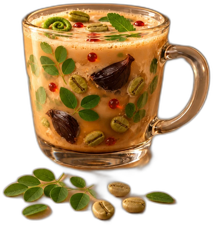 Cawan kaca penuh latte dengan daun kelor, paku pakis, black garlic dan biji kopi hijau terapung