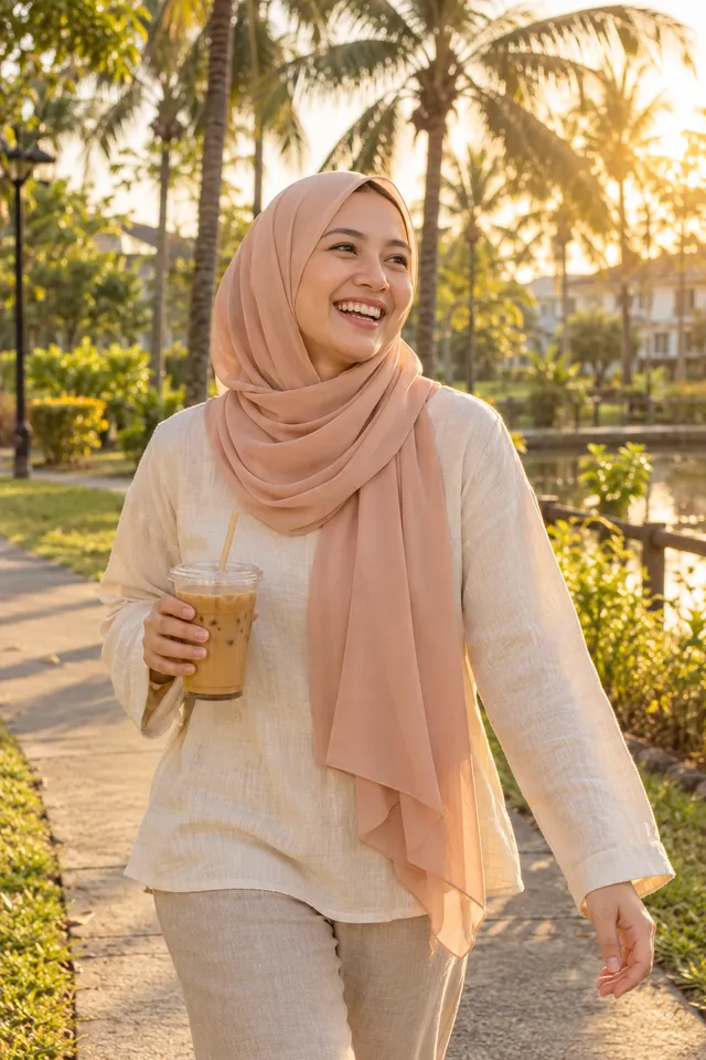 Wanita bertudung berjalan dalam cahaya petang sambil ketawa memegang latte ais