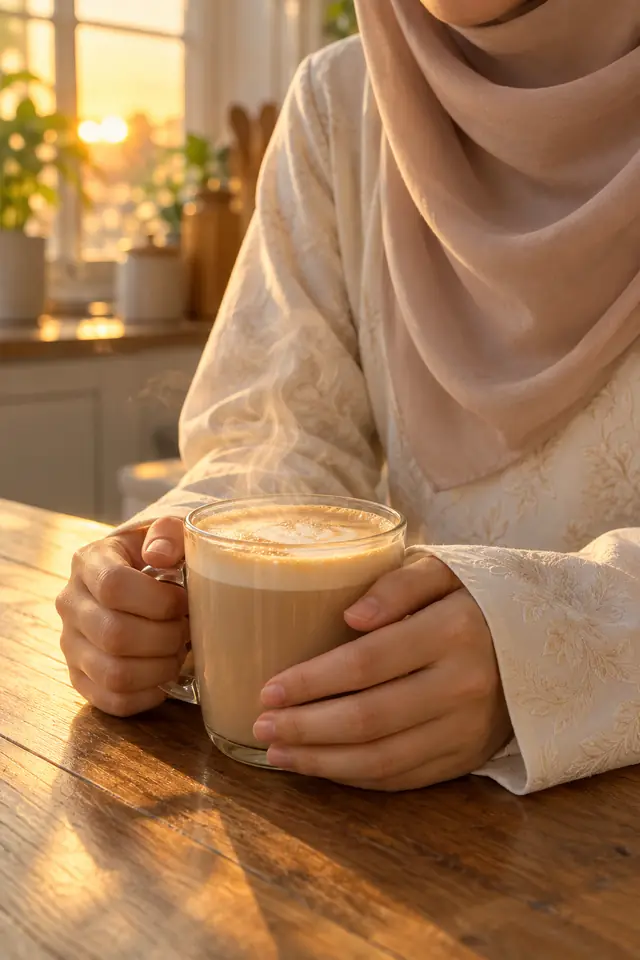 Dua tangan memegang cawan latte panas atas meja kayu waktu pagi