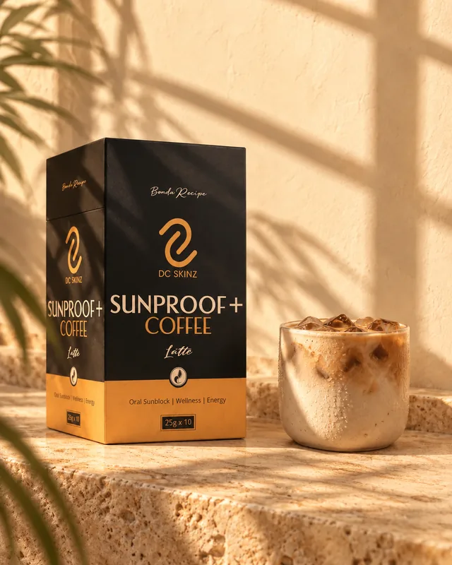 Kotak Sunproof dan latte ais atas batu