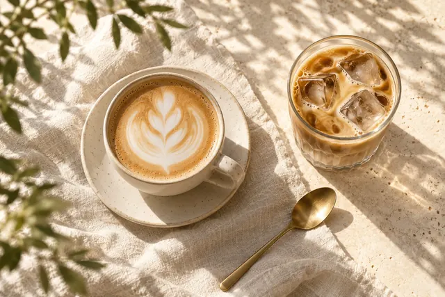 Latte panas dan latte ais Sunproof atas meja pagi