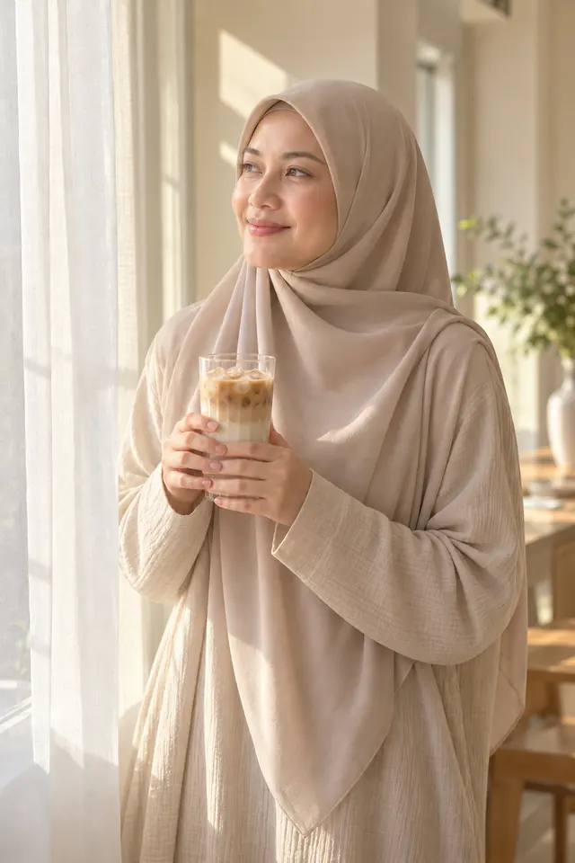 Wanita bertudung senyum pegang latte di tepi tingkap