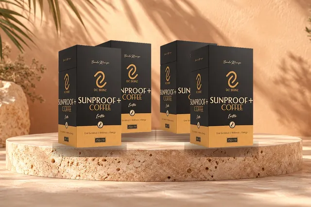 Empat kotak Sunproof+ Coffee atas pentas batu