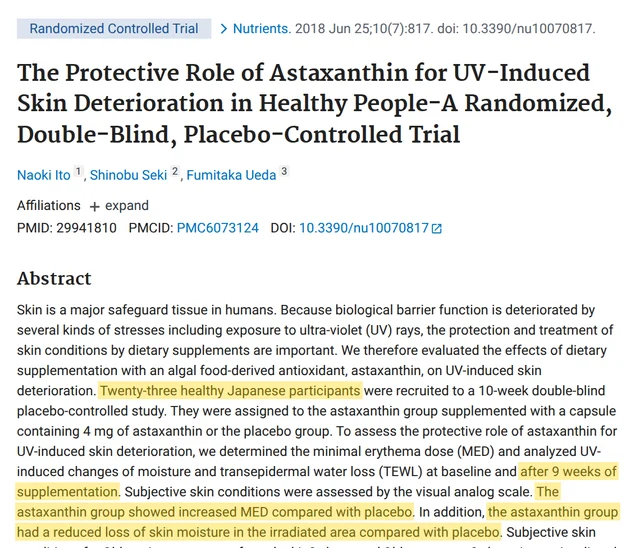 Petikan abstrak kajian astaxanthin di PubMed, Nutrients 2018, ayat hasil MED dan kelembapan kulit diserlah kuning