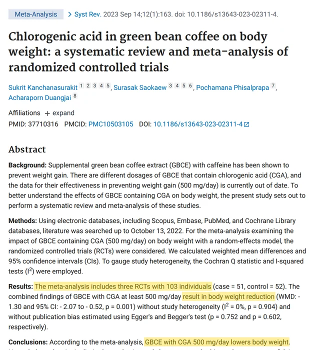 Petikan abstrak meta-analisis green coffee di PubMed, Systematic Reviews 2023, ayat 103 orang dan penurunan berat diserlah kuning