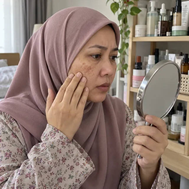 Wanita bertudung tengok tompok gelap di pipi dalam cermin