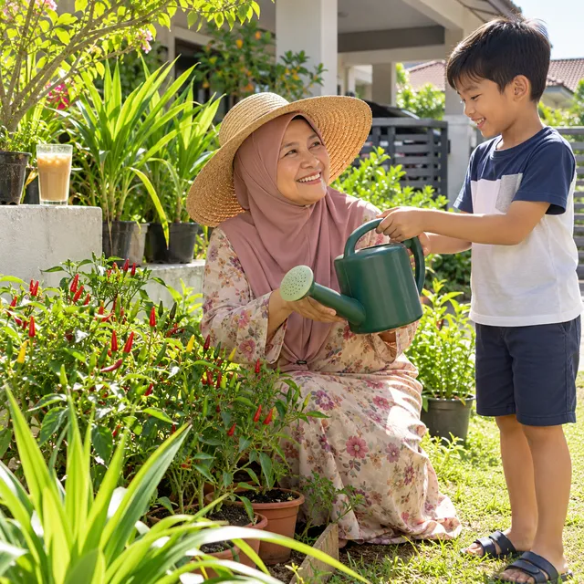 Ibu bertudung berkebun bersama cucu