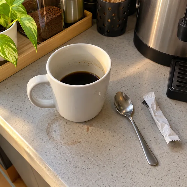 Cawan kopi O kosong tinggal separuh di pantri