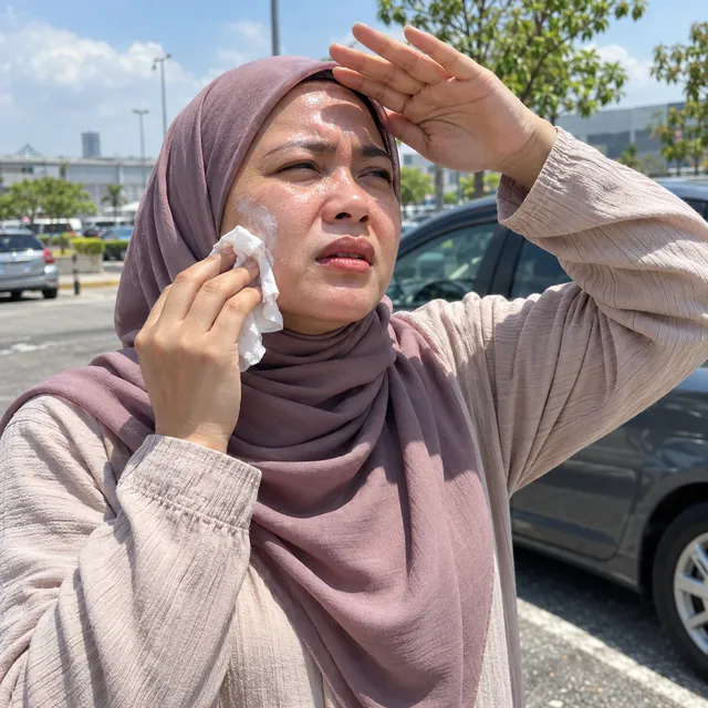 Wanita bertudung lap peluh di bawah panas tengah hari