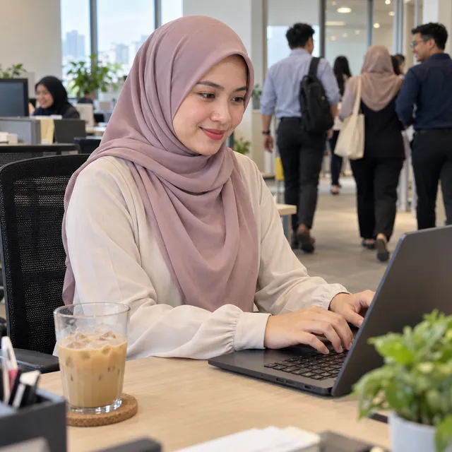 Wanita bertudung senyum bekerja dengan latte ais