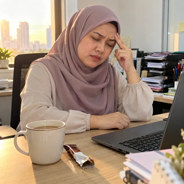 Wanita bertudung pegang kepala yang berdenyut di meja pejabat, sebelah kopi 3-in-1