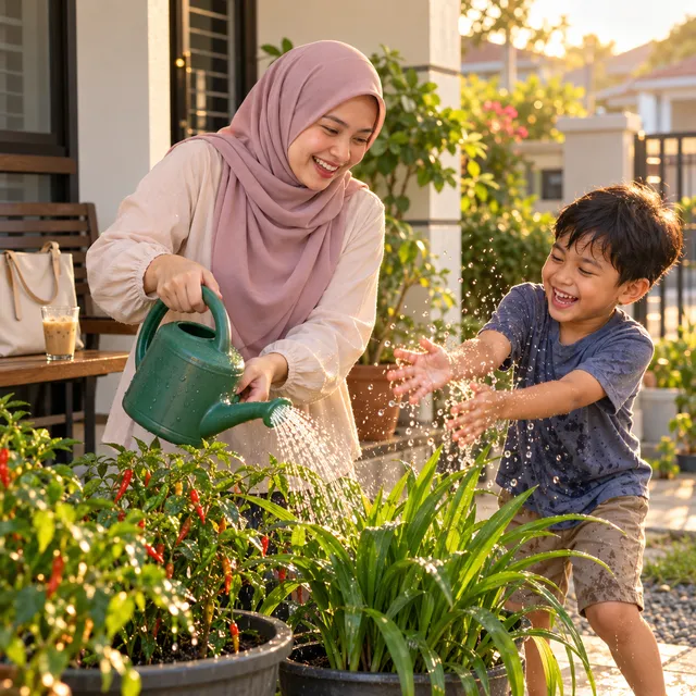 Ibu bertudung siram pokok depan rumah sambil anak main air