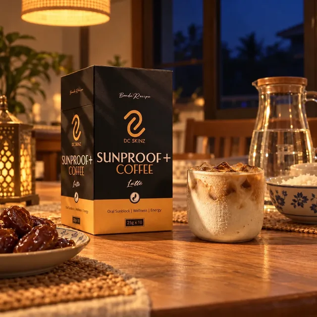 Kotak Sunproof dan latte di meja sahur