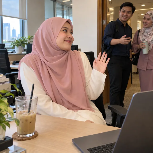 Wanita bertudung di pejabat dengan latte ais